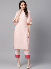 Solid Light Peach Straight Kurta with Flared sleeves & Pants with Shifli detailing