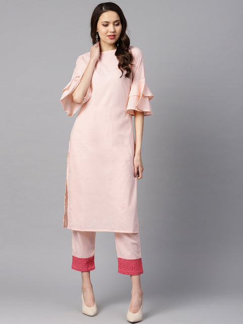 Solid Light Peach Straight Kurta with Flared sleeves & Pants with Shifli detailing