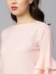 Solid Light Peach Straight Kurta with Flared sleeves & Pants with Shifli detailing