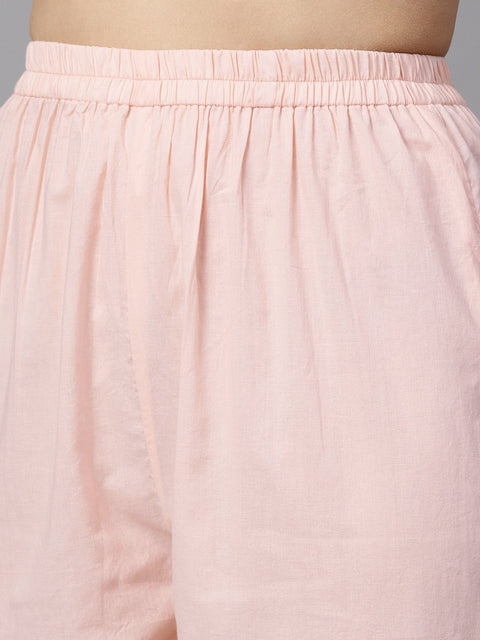 Solid Light Peach Straight Kurta with Flared sleeves & Pants with Shifli detailing