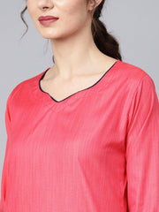 Red 3/4th sleeve cotton Kurta Set with Pleated Salwar & Blue Dupatta