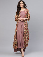 Purple crop top set with partially Elasticated skirt & Long Printed Jacket