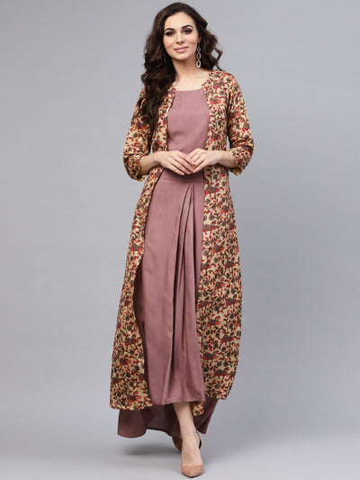 Purple crop top set with partially Elasticated skirt & Long Printed Jacket