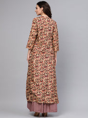 Purple crop top set with partially Elasticated skirt & Long Printed Jacket