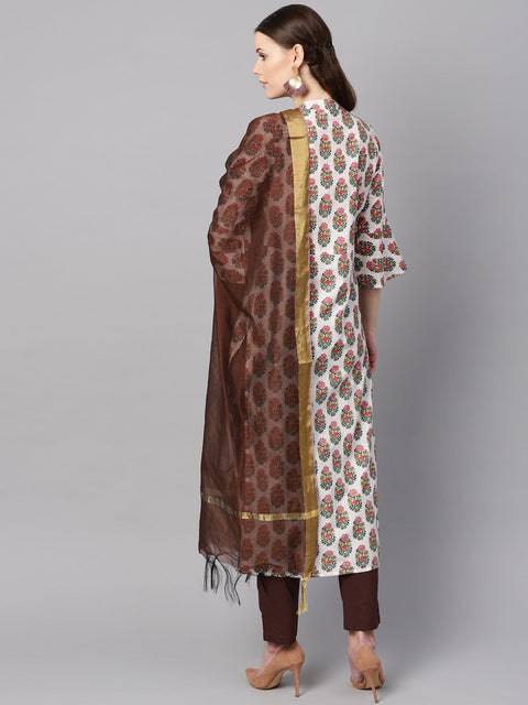 Multi Colored Straight kurta With Solid Chocolate brown pants & dupatta