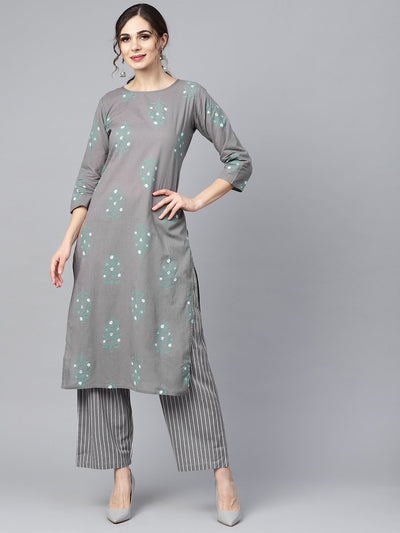 Grey round neck floral printed 3/4th sleeve straight kurta with stripped pants.