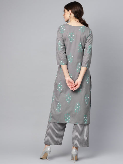 Grey round neck floral printed 3/4th sleeve straight kurta with stripped pants.