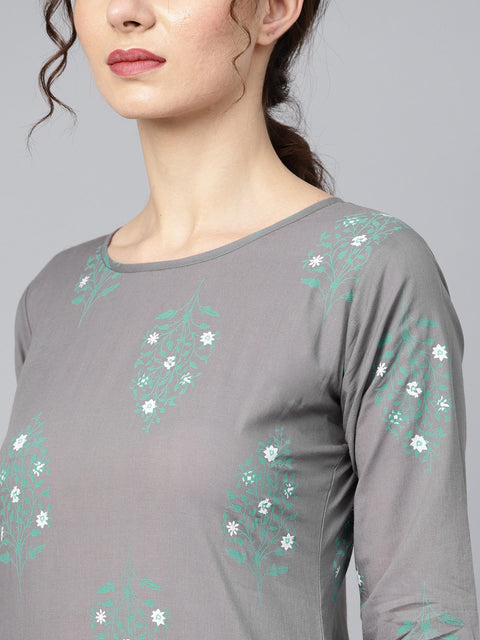 Grey round neck floral printed 3/4th sleeve straight kurta with stripped pants.