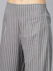 Grey round neck floral printed 3/4th sleeve straight kurta with stripped pants.