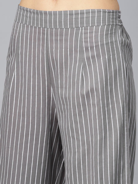 Grey round neck floral printed 3/4th sleeve straight kurta with stripped pants.