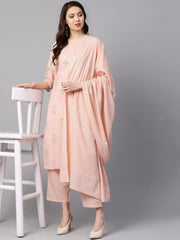 Peach printed floral round neck 3/4th sleeve straight kurta with stripped pants and printed kurta.