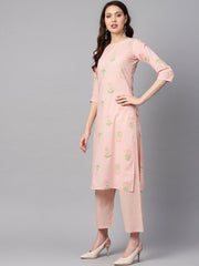 Peach printed floral round neck 3/4th sleeve straight kurta with stripped pants and printed kurta.