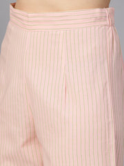 Peach printed floral round neck 3/4th sleeve straight kurta with stripped pants and printed kurta.