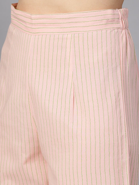 Peach printed floral round neck 3/4th sleeve straight kurta with stripped pants and printed kurta.