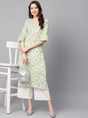 White and green Colored kurta with Flared sleeves & Round neck