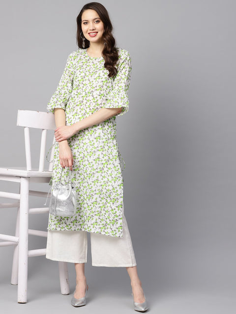 White and green Colored kurta with Flared sleeves & Round neck