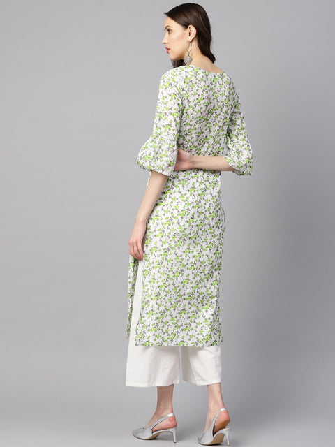 White and green Colored kurta with Flared sleeves & Round neck