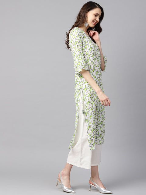 White and green Colored kurta with Flared sleeves & Round neck
