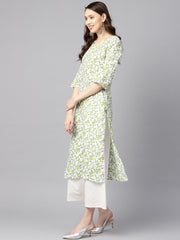 White and green Colored kurta with Flared sleeves & Round neck