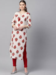 White & Red Printed Kurta with Keyhole neck & 3/4 sleeves