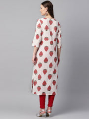 White & Red Printed Kurta with Keyhole neck & 3/4 sleeves