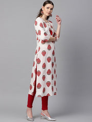 White & Red Printed Kurta with Keyhole neck & 3/4 sleeves
