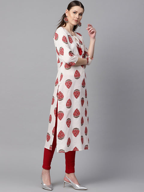 White & Red Printed Kurta with Keyhole neck & 3/4 sleeves
