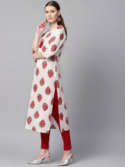 White & Red Printed Kurta with Keyhole neck & 3/4 sleeves