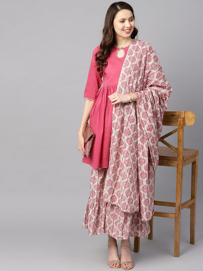 Pink Gathered Short Kurta With printed Sharara & Dupatta