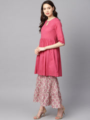 Pink Gathered Short Kurta With printed Sharara & Dupatta