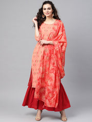 Coral Pink printed Straight Kurta with Sharara & Gold printed Organza Dupatta