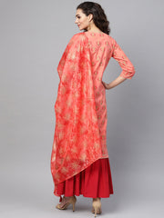 Coral Pink printed Straight Kurta with Sharara & Gold printed Organza Dupatta
