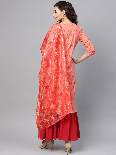 Coral Pink printed Straight Kurta with Sharara & Gold printed Organza Dupatta