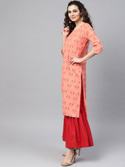 Coral Pink printed Straight Kurta with Sharara & Gold printed Organza Dupatta