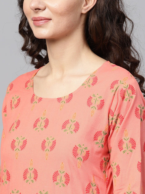 Coral Pink printed Straight Kurta with Sharara & Gold printed Organza Dupatta