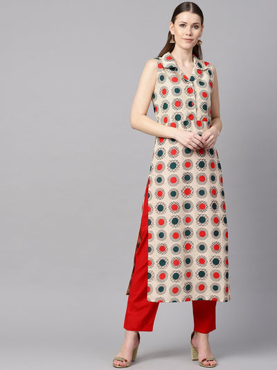 Cream Geometric Printed Straight Kurta with Solid Red Pants