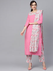 Solid 3/4th sleeve Pink Kurta with Printed shoulder yoke with pants & Mul printed Dupatta
