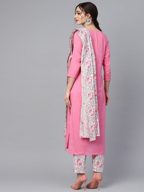 Solid 3/4th sleeve Pink Kurta with Printed shoulder yoke with pants & Mul printed Dupatta