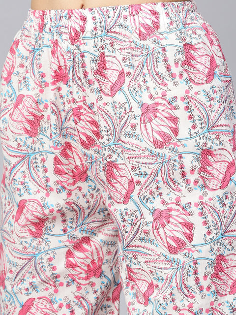 Solid 3/4th sleeve Pink Kurta with Printed shoulder yoke with pants & Mul printed Dupatta