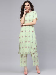 Pastel Green Printed half sleeve Staright Kurta with Pants