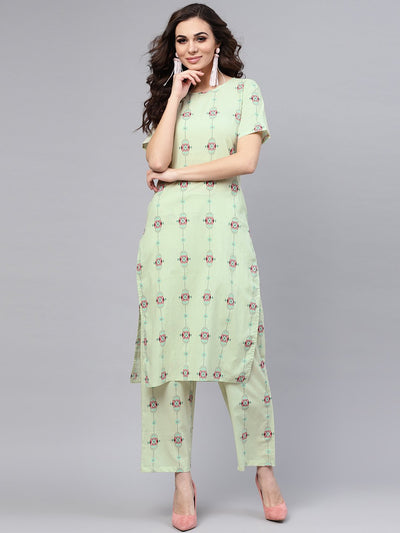 Pastel Green Printed half sleeve Staright Kurta with Pants