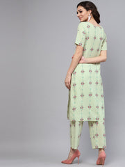 Pastel Green Printed half sleeve Staright Kurta with Pants