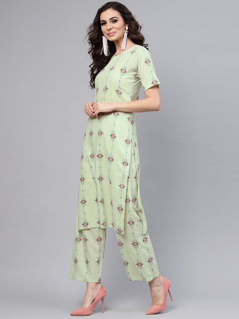 Pastel Green Printed half sleeve Staright Kurta with Pants