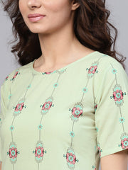 Pastel Green Printed half sleeve Staright Kurta with Pants