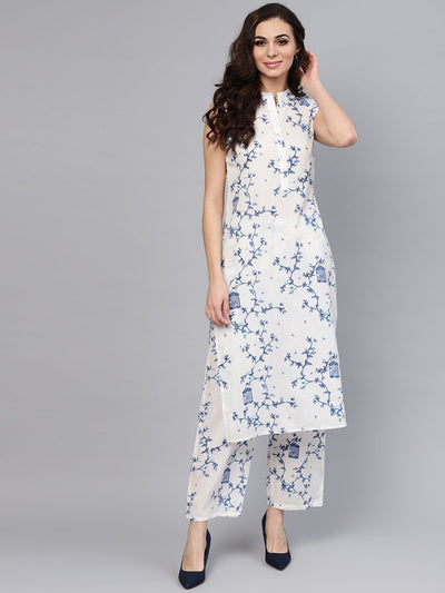 White Printed Sleeveless Kurta with Pant