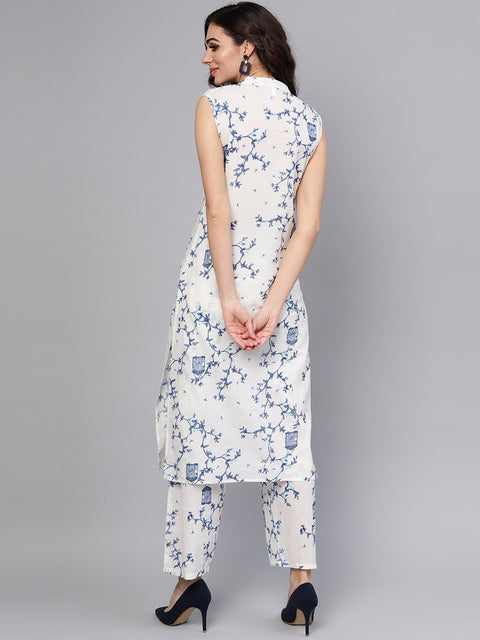 White Printed Sleeveless Kurta with Pant