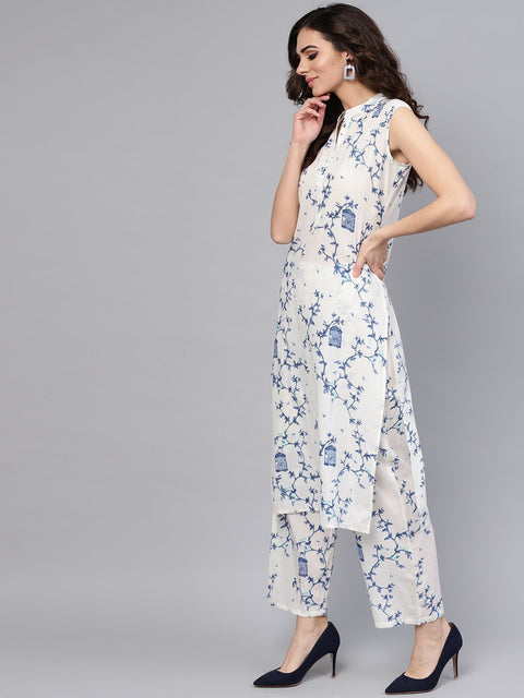 White Printed Sleeveless Kurta with Pant