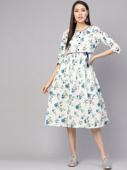 Women White & Blue Printed A-Line Dress