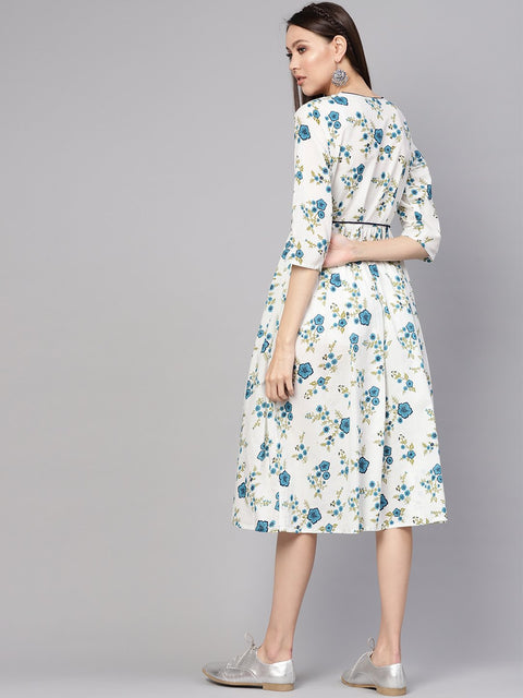 Women White & Blue Printed A-Line Dress