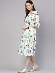 Women White & Blue Printed A-Line Dress